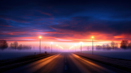 A road with a sunset in the background. The sky is filled with clouds and the sun is setting. The road is empty and there are no cars or people