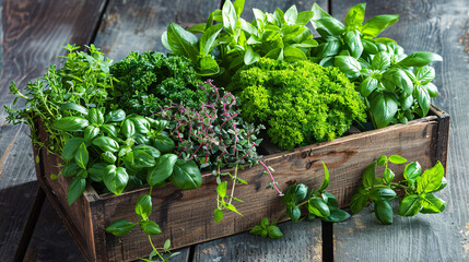 Colorful variety of fresh herbs in a rustic wooden box