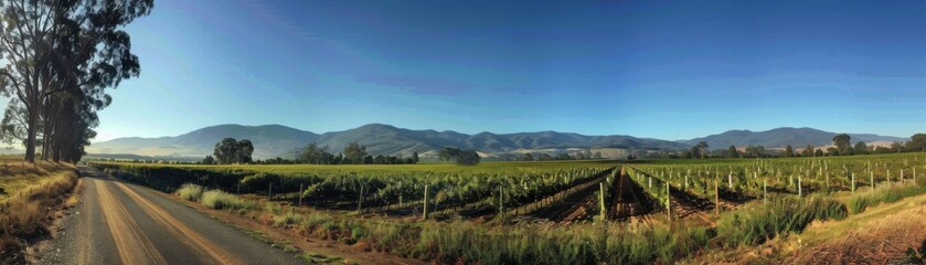 Naklejka premium Scenic vineyard landscape with mountain backdrop under clear blue sky, taken along a quiet country road.