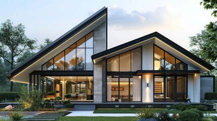 Fototapeta premium Contemporary minimalist home with a unique roof design and large front windows, surrounded by a simple garden