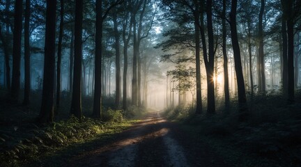 Fototapeta premium Dirt road path in the middle of a misty forest with sunlight shining in the back.