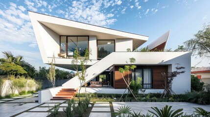 Obraz premium Contemporary minimalist home with a distinctive facade of sharp angles and a focus on indoor-outdoor living Text space required