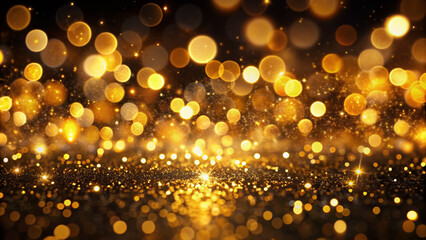 Vibrant golden abstract bokeh lights shimmer on a dark black background, creating a mesmerizing and luxurious wallpaper perfect for adding elegance to any space.