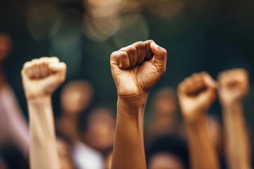 Hands of diverse ethnicities raising a fist, unity strength concept 