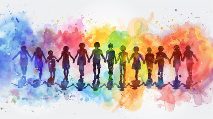 Silhouettes of children holding hands and walking, with a colorful watercolor background