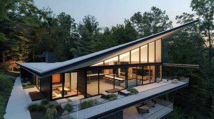 Contemporary minimalist home exterior with a unique angular roof and floor-to-ceiling windows, nestled in a wooded area Space for text