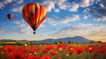 Fototapeta premium photograph of a red hot air balloon floating over a field of wildflowers