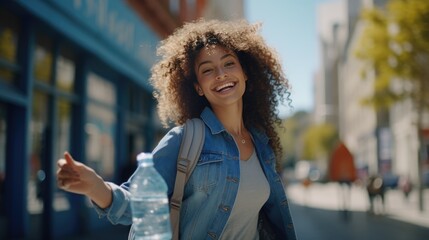 Fototapeta premium Smiling Woman Drinking Water in Urban Setting. Woman with curly hair enjoying a refreshing drink of water while smiling in an urban environment. Perfect for themes of hydration, wellness and city life