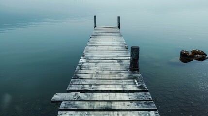Aged Wooden Footbridge Extending Over Serene Waters, Showcasing Calm Reflections and Weathered Pier Structure in a Peaceful Natural Setting