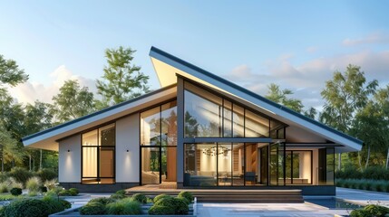 Fototapeta premium Contemporary minimalist home with a unique roof design and large front windows, surrounded by a simple garden