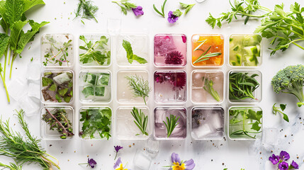 Colorful variety of fresh herbs in ice cube trays