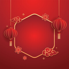 Happy Chinese new year 2025. Chinese new year banner with circle for show product. Greeting card. China frame with lantern on red background.