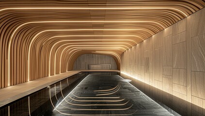 Fototapeta premium Elegant Interior of an Empty Pool with Curved Wooden Wall and LED Lighting in High-End Architectural Style