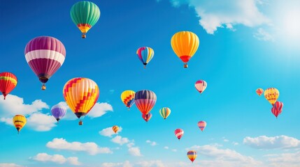 Fototapeta premium Photograph of a vibrant cluster of colorful balloons soaring high in the clear blue sky, captured in a photorealistic style.