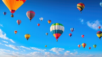 Obraz premium Photograph of a vibrant cluster of colorful balloons soaring high in the clear blue sky, captured in a photorealistic style.