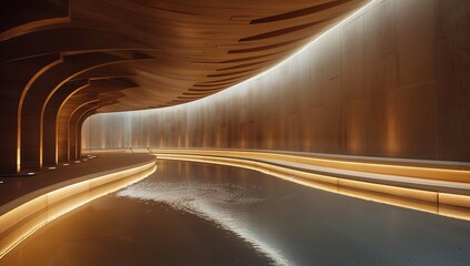 Elegant Interior of an Empty Pool with Curved Wooden Wall and LED Lighting in High-End Architectural Style