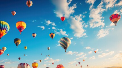 Fototapeta premium Photograph of a vibrant cluster of colorful balloons soaring high in the clear blue sky, captured in a photorealistic style.