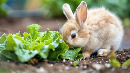 Charming bunny nibbling on fresh lettuce in a vegetable garden, its fluffy fur and gentle demeanor creating a serene scene