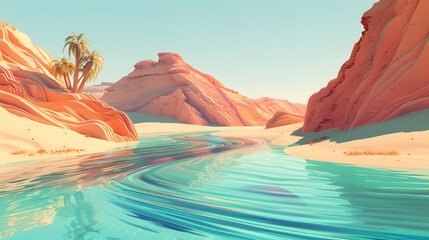 Desert oasis landscape in the style of graphic design
