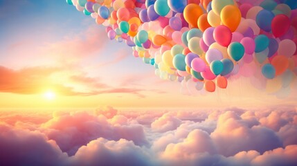Obraz premium Photograph of a whimsical scene with a multitude of rainbow-colored balloons floating gracefully against a soft pastel sunset backdrop.