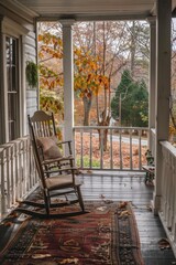 A comfortable rocking chair on the porch of a house, perfect for relaxation and enjoying the outdoors