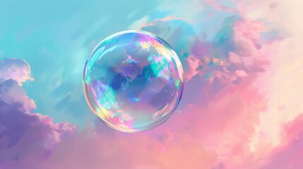Iridescent bubble floating against pastel sky, dreamy atmosphere. Fantasy and imagination concept