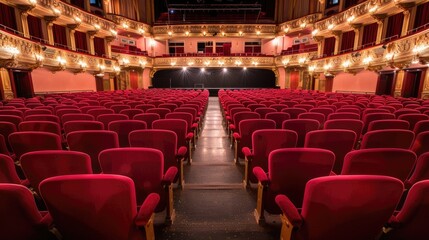 Empty theater with rows of red velvet seats and a stage