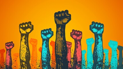 Raised fists of various colors expressing unity and strength
