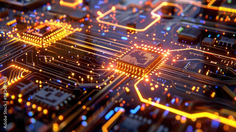 Poster futuristic circuit board with glowing elements and circuits