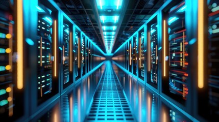 Futuristic data center with glowing server racks