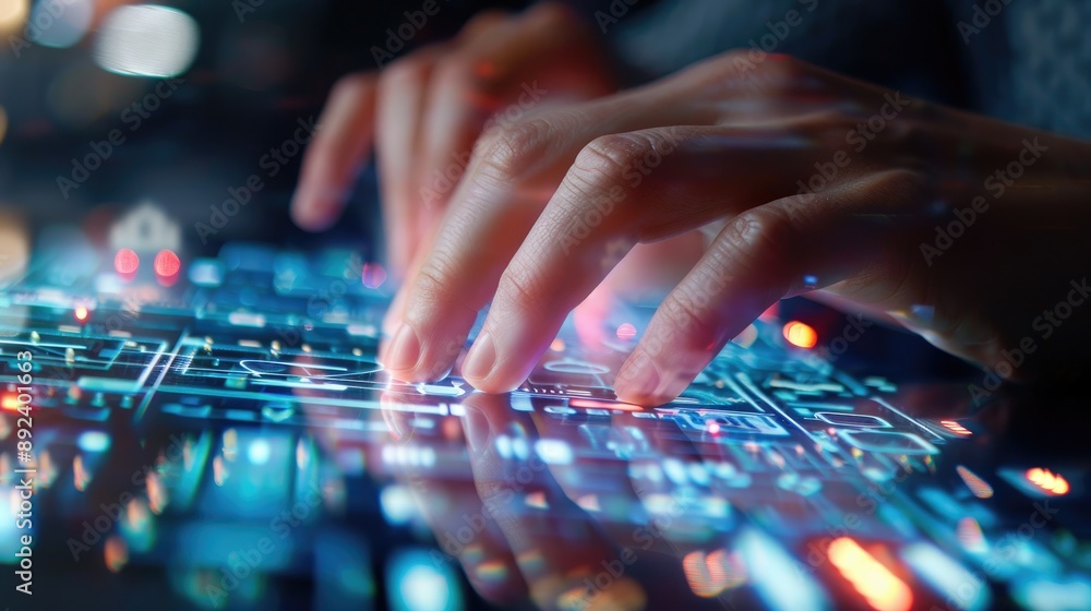 Poster hands typing on a futuristic touch screen keyboard