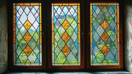 Stained glass windows with colorful geometric patterns in wooden frame