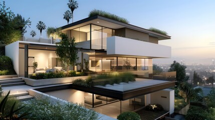 Fototapeta premium Contemporary suburban home with clean lines and a minimalist design, featuring a rooftop garden and panoramic city views Include copy space for text