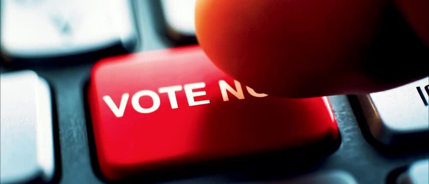 A keyboard with a red button "Vote now" finger pushing button. Online voting concept. Election Day 4k video