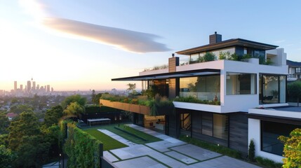 Fototapeta premium Contemporary suburban home with clean lines and a minimalist design, featuring a rooftop garden and panoramic city views Include copy space for text