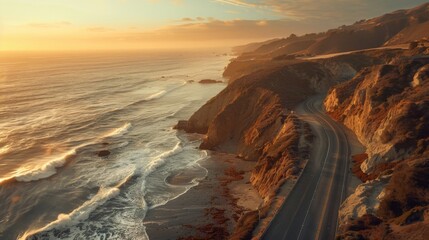 Aerial view of a coastal road winding along rugged cliffs at sunset, with waves crashing onto the shore below.