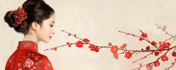 Fototapeta premium Woman in cheongsam dress standing next to blooming plum tree