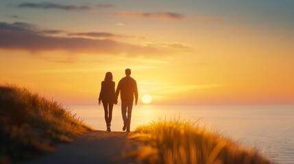 Couple walking along a seaside trail, serene smiles, sun setting over the water, peaceful and picturesque, captured in photorealistic detail