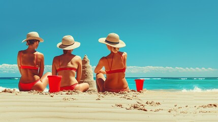 Friends on a beach excursion, building sandcastles, bright sunshine, joyful expressions, ocean waves in the background, captured in highresolution realistic style
