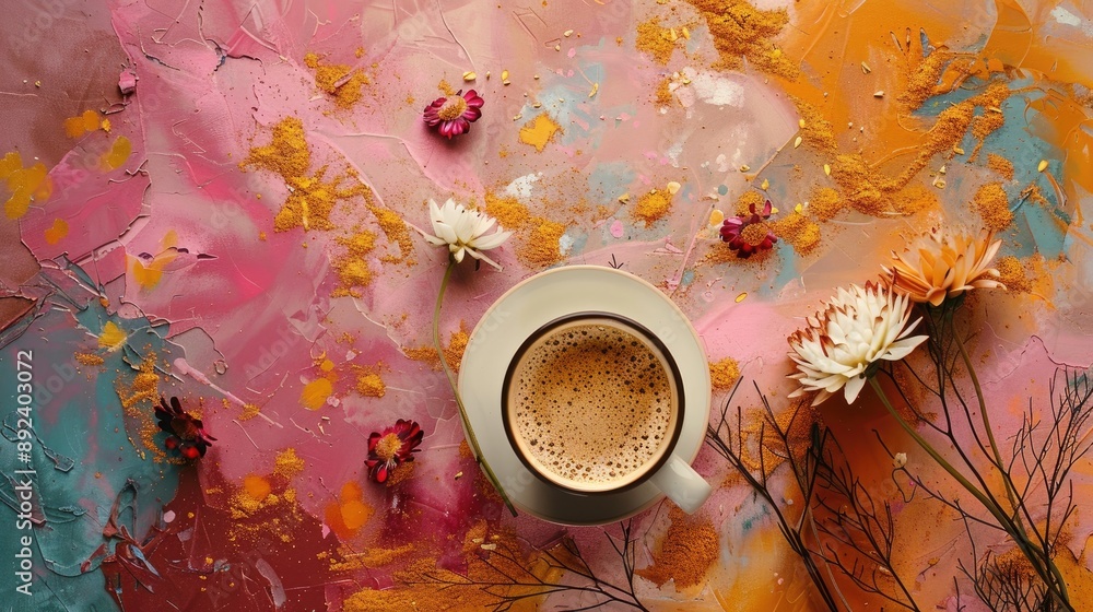 Poster beautiful and warm atmosphere created by colorful background with dried flowers and coffee suitable 