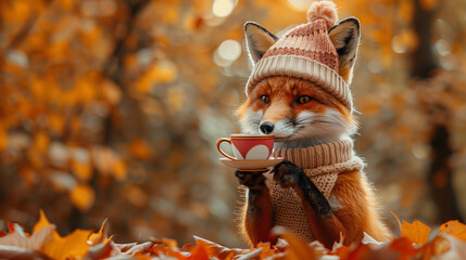  autumn mood, poster for the autumn calendar, cute little fox in a knitted hat and sweater drinking coffee from a cup,