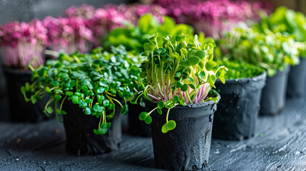 Colorful variety of fresh microgreens in biodegradable pots