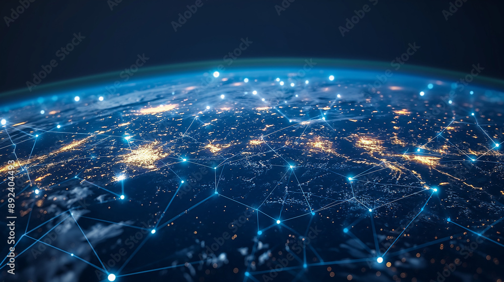 Poster digital technology worldwide global network internet connection blue background, abstract cyber tech