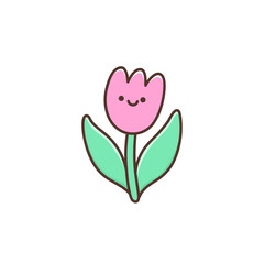 Summer or spring design element cute kawaii tulip flower. Happy cartoon character with smile face. Vector illustration isolated on white background