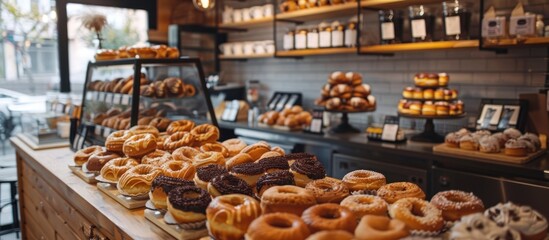 Assortment of Delicious Doughnuts in a Bakery