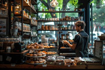 Barista preparing a coffee in a rustic coffee shop with large windows