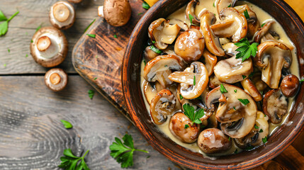 Fototapeta premium Colorful variety of fresh mushrooms in a creamy mushroom soup