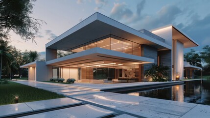Fototapeta premium Contemporary suburban home with a minimalist design, featuring sharp architectural lines and a monochromatic color scheme