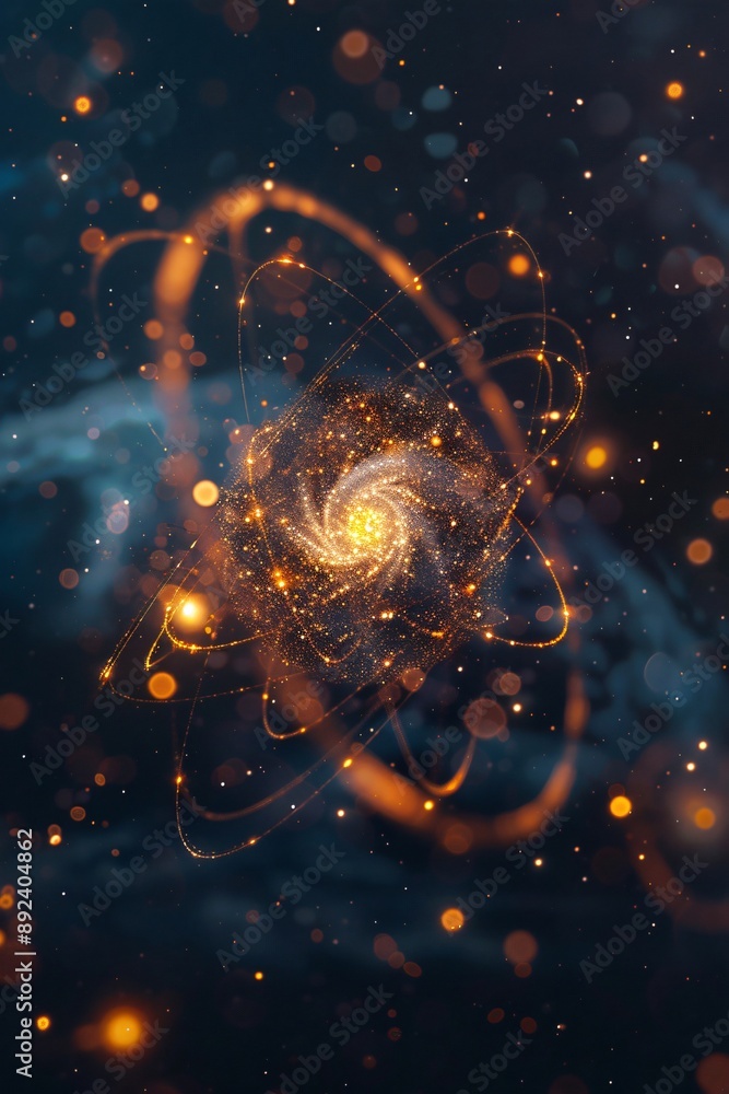 Poster create a detailed visualization of an atom's electron cloud