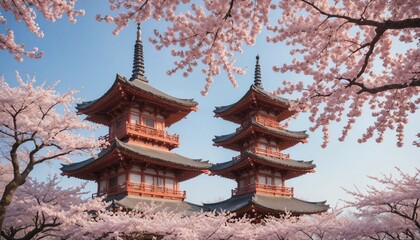 Traditional Japanese pagoda surrounded by cherry blossoms in full bloom, with soft, diffused morning light and a clear blue sky
